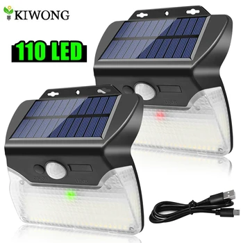 110 led соларни фенери Външен безжичен сензор за движение на слънчеви батерии, USB зареждане, 3 режима на осветление, водоустойчиви за градинска стена