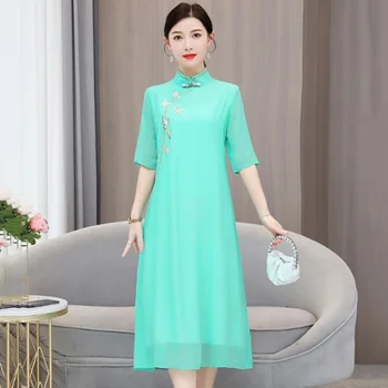 2023 китайското традиционно шифоновое рокля ципао с национална бродерия на цветя, рокля чонсам, източно елегантна рокля за сватбени партита