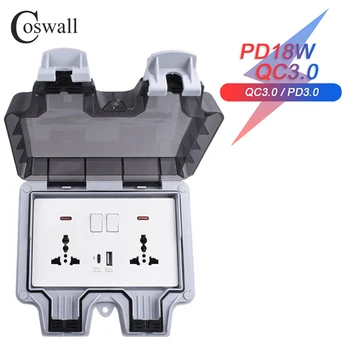 Coswall Водоустойчив IP66 стенни изход 18 W Type-C 4A с интелигентен интерфейс за бързо зареждане, universal двойна розетка, отделен ключ за управление