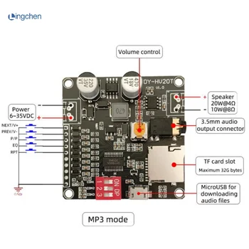 DY-HV20T/HV8F12V/24V захранване 10 W/20 W Модул за възпроизвеждане на глас с поддръжка на Micro SD карта, MP3 плейър за Arduino