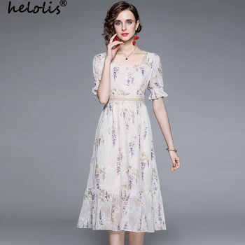Helolis/френски елегантно бельо рокля фея с бродерия, бельо нова рокля миди с квадратна яка, къс ръкав, отворени рюшами и принтом