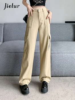 Jielur, американски стил, обикновена преки свободни дамски дънки цвят каки, прости панталони-карго с висока талия, ежедневни луксозни дънки с джобове