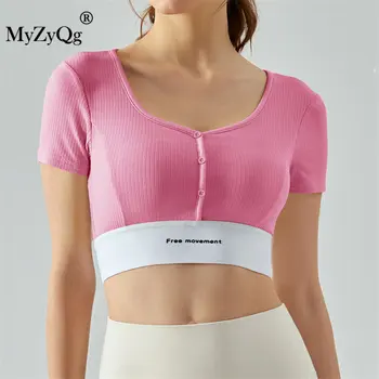 MyZyQg, Пролетно-Летни тениски с яка като прасковено Сърце копчета и къс Ръкав, Дамски Еластична Спортна Риза за Фитнес с Подплата на гърдите