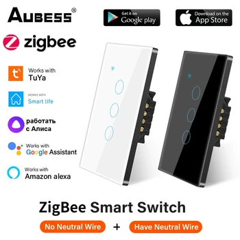 Sasha Zigbee Smart Switch 1/2/3 gang, с монтиран на стената лампа, сензорно управление, стъклен панел, поддръжка на Smart Life APP Алекса Google Home Control