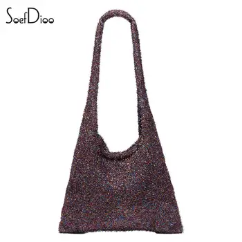 Soefdioo Модни вязаная чанта на едно рамо с блясък, дамски лаконичная ежедневни дамски малка чанта, страхотна мека чанта-тоут