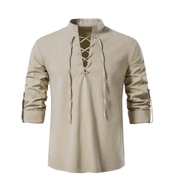 TPJB Нова мъжка тениска с V-образно деколте, риза, модерен ретро тънък топ с дълъг ръкав, мъжки ежедневни дишащи мъжки ризи с дантела в стил Viking