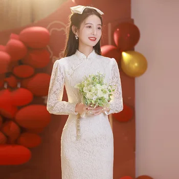 Бяло китайското рокля Ципао Чонсам в ретро класически китайски стил с яка-часова, секси дантелено вечерна рокля с дълъг ръкав