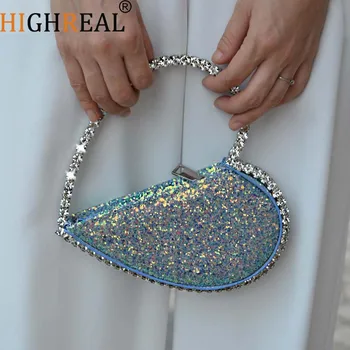 Вечерни чанти-клатчи с диаманти във формата на сърце за жени, елегантна метална дръжка, планински кристал, блестящ чантата с пайети, женски сватбени чанти