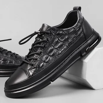 Висококачествени мъжки обувки от естествена кожа, ежедневните модерни обувки в стил черна крокодилска кожа, удобна луксозна мъжки обувки