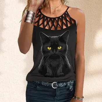 Дамска мода, без ръкави, с отворен гръб, с хубав логото на котка, черна риза с принтом котки и кръст, майк за жени XS-8XL