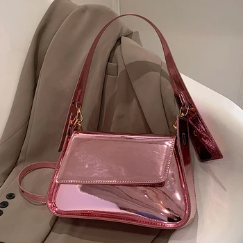 Дамски лъскава чанта под мишниците 2023, нов сезон Пролет-лято, модни малка квадратна чанта от висококачествена Изкуствена кожа, дамски чанта на едно рамо