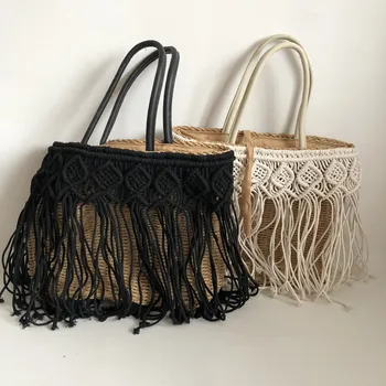 Дамски чанта през рамо с пискюли от памучни въжета ръчна изработка, лятна бохемската плажна сламена чанта, модерен дизайнерски дамски пазарска чанта, портфейл