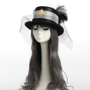 Дамски черна шапка с воал, реколта сватбена карнавальная шапка за cosplay, аниме, шапки с перо и прическа