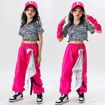 Детска тийнейджърката облекло в стил хип-хоп, съкратен топ тениска с зеброй, ежедневни градинска облекло, панталони-карго за момичета, джаз танц костюм, Дрехи