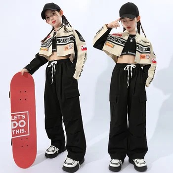 Детска тийнейджърката облекло в стил хип-хоп, мотоциклетное палто, укороченная яке за състезания, Потници, черни панталони за джогинг за момичета и момчета, джаз танц костюм, дрехи