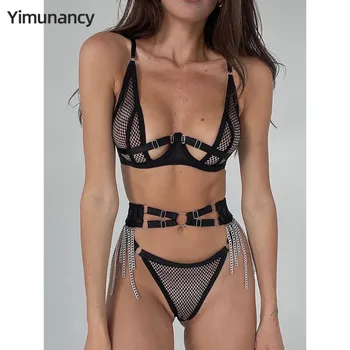 Еротичен комплект от мрежа Yimunancy, женски, на готическия черен кратък комплект дамско бельо с изрезки, украсени с веригата