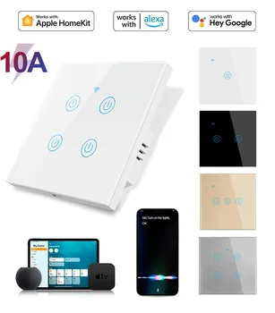 ЕС, САЩ Apple Homekit Умен Дом прекъсвач 10A 240V Стъклен стенен прекъсвач със сензорен екран WIFI + Bluetooth Siri Гласов контрол, Светлинен контролер