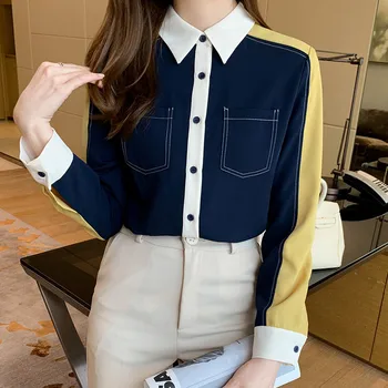 Есенни елегантни блузи на тон, женски 2023, нови ежедневни реколта ризи в корейски стил, лесен за офис облекло, работни върховете