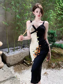 Жена лятно винтажное дебнещ рокля в стил мозайка с флорални принтом, на спагети презрамки и дантела прозорци, midi, вечерни рокли за абитуриентски бал, корейски хавлия