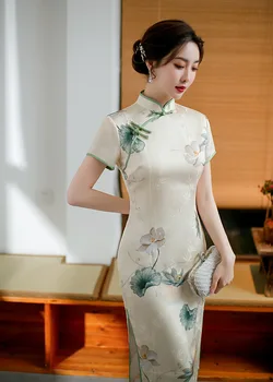 Жена Чонсам с къс ръкав и цветна принтом, летен древния костюм в китайски стил, подобрено рокля Ципао с висока цепка в ретро стил