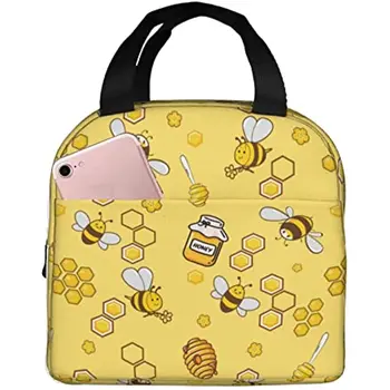 Жълт пчелен обяд-бокс, здрава изолирано чанта за обяд, за многократна употреба фланец термохолодильник, чанта-тоут с цип, с преден джоб