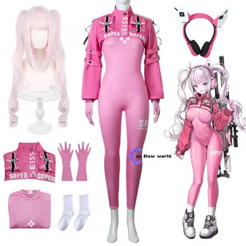 Игри костюм Nikke Alice за cosplay, Перука, обувки, секси латексный гащеризон, боди, розов гащеризон, яке, костюм за ролеви игри на Хелоуин, дрехи за ролеви игри