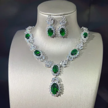 Изискан Emerald crystal S925, сребърна сватбена колие, обеци, инкрустирани с сверкающим цирконием AAA за жени, комплекти бижута за годеж