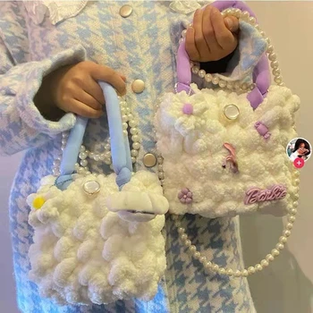 Кавайные меки ръчно изработени чанти Дамски плетени чанта за момичета Лолита Сладък плюшен чанта на рамото Дизайнерски сладки възли чанти 