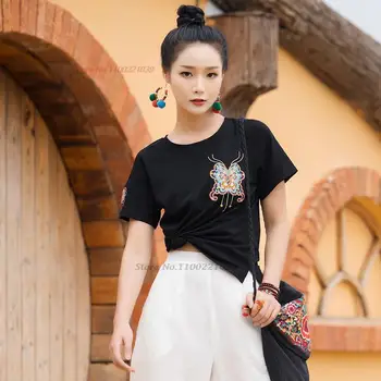 китайската националната фланелка hanfu 2023, традиционна реколта риза с кръгло деколте и национална бродерия на пеперуда, костюм от епохата на тан, като основната риза в стил ретро