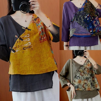 Китайската традиционна облекло за жени, лятна реколта риза с флорална принтом и дълъг ръкав, модни и ежедневни свободна блуза в стил шинуазри