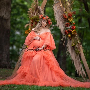Красиви рокли за бременни от коралов тюл трапецовидна форма, с гъсти къси ръкави и V-образно деколте, диференцирани сватбена рокля за фотосесия за бременни