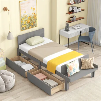 Легло с подножкой, пейка и 2 чекмеджета, здрава, лесна за монтаж, Подходящ за мебели за спални