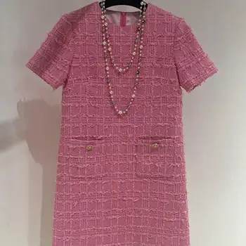 Луксозен дизайн, елегантна свободно рокля от розов твида с кръгло деколте и къс ръкав, модни джобове, пролет-лято, дамски къси рокли 2023