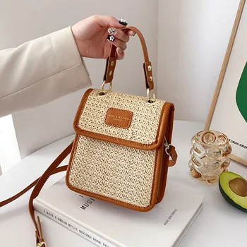 Малка Вертикална квадратна ракита чанта Прост дизайн, дамска чанта ръчна изработка, зашити от изкуствена кожа, чанта-месинджър 2022, лятна плажна сламена чанта