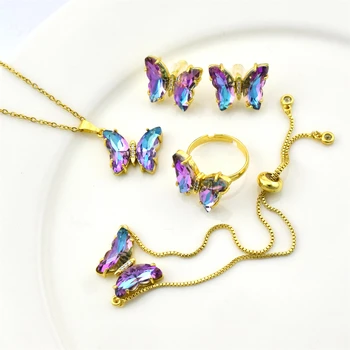 Материал Butterfly crystal Романтични Бижута Гривна, Пръстен, Колие Обици Набор за жени Аксесоари за сватбена рокля