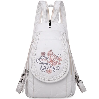 Мини-раници с бродерия, дамска чанта, сладък цветен модел, Нови Кожени дамски чанти Mochila, бяла чанта на рамото за момичета, ЧАНТА