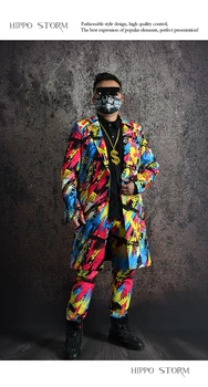 Модерен мъжки костюм Хипопотама с принтом графити, костюм за изяви в нощен клуб, рокля за студио, фризьорски салон YJ001