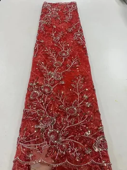 Модни африканска мрежа лейси плат с пайети, луксозно ръчна бродерия на мъниста, тюлевые мрежести платове за булчински рокли в Нигерия PL314-4