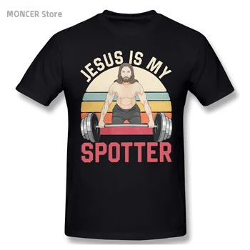 Мъжки t-shirt Jesus Is My Spotter, забавна християнска тениска за вдигане на тежести, реколта тениска от 100% памук, тениски за фитнес, Идея за подарък за дрехи