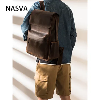 Мъжки раница NASVA от естествена кожа, ретро походный раница, всекидневни училище раница за кафе бизнес чанта за лаптоп 15,6 инча