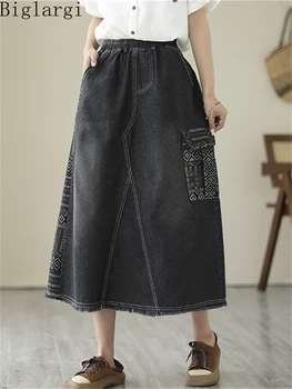 Негабаритная нова лятна дамска пола от деним, трапецовидна форма в корейски стил, модни дамски ежедневни свободни поли, памучен деним пола с голям размер