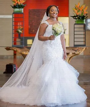 Ново сватбена рокля в стила на африканската Русалка 2023, сватбени рокли с дантела отзад с волани, Vestido De Noiva Robe De Mariée