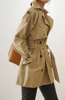 Пролет-есен ново свободно памучно палто цвят каки със средна и дълга талия 2023 година, топ