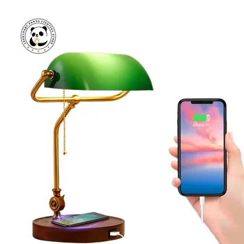 Реколта настолна лампа Bankers LED Green Glass зареждане чрез USB Ключ с цип Начало декор Хол Спалня малка странична масичка, лампа,