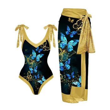 Ретро бански с V-образно деколте и принтом пеперуди, плажна рокля с цветни блокчета, секси женски бански костюм на експозиции с ниска талия