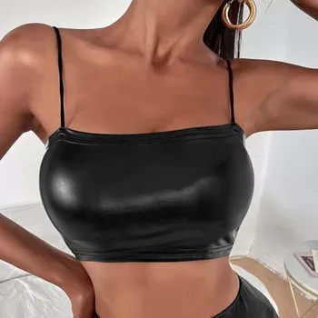 Секси Жена със скъсен топ Изкуствена кожа, черни тениски с отворено деколте на корема, основни летни потници за жени 2023