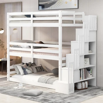 Трехъярусная легло двойно по размер със стълби за съхранение, Отделен дизайн, бял