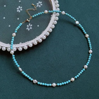 Чар на този перли в стил барок, естествен камък и синьо тюркоаз, колиета-чокер, колие за жени, малко е неправилна формата на перли, кратък яка, сватбен подарък