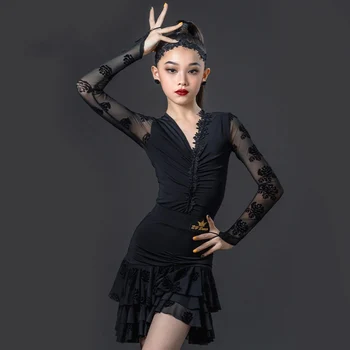 Черна рокля за латино танци за момичета, костюм за изяви с V-образно деколте и дълъг ръкав, Потници, поли, детски костюм за латино танци ChaCha VDB7173