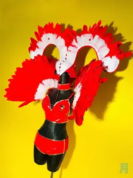 Черни Дамски танцови костюми с червени пера за сцена на гого, диджейская парти, бикини, шапки, комплект дрехи за изява в нощния клуб, танцов костюм на певицата